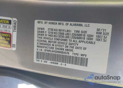 2022 Honda Odyssey Ex z USA, uszkodzony, nr VIN 5FNRL6H52ND004576